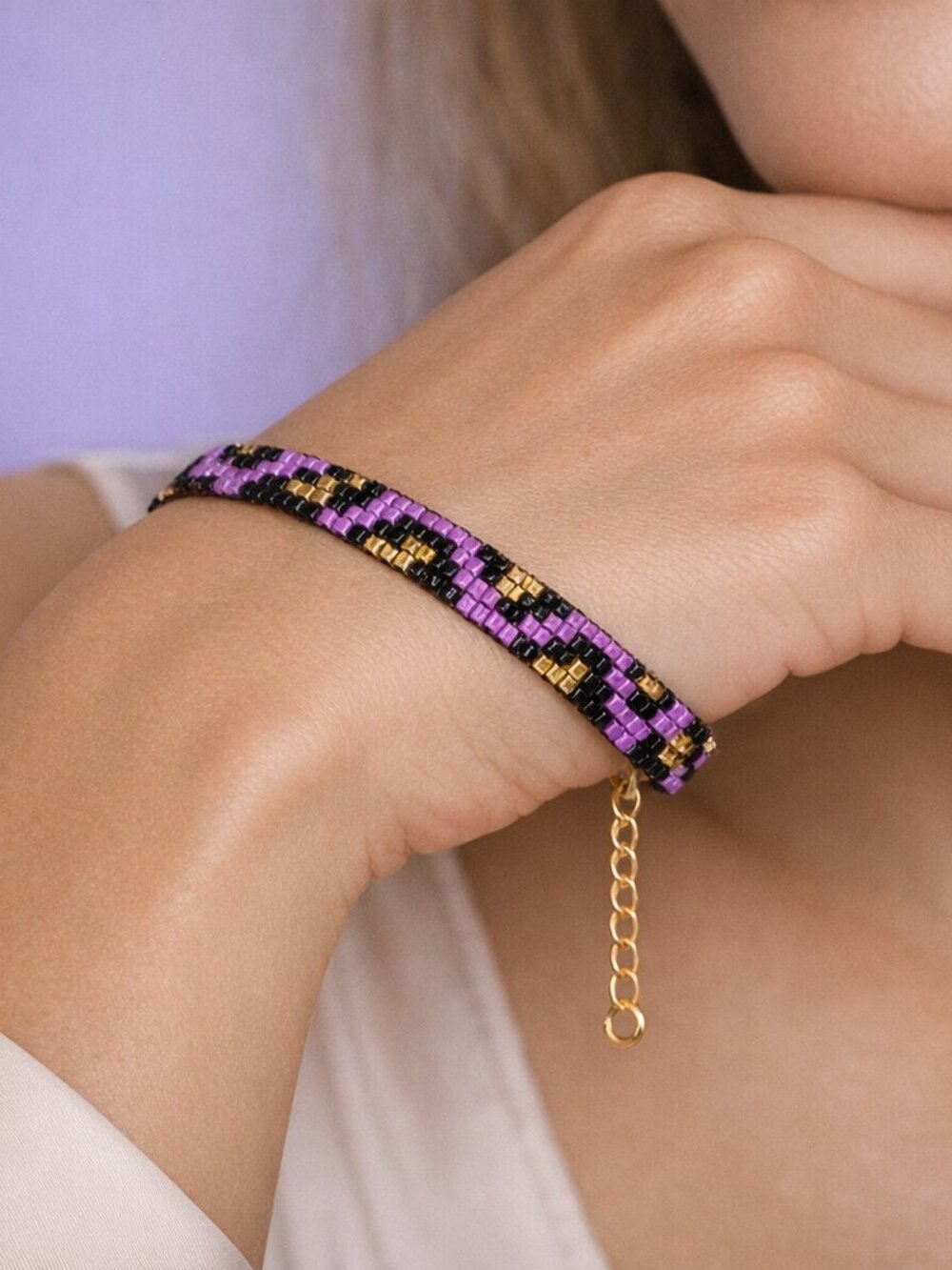 Purple Black and Gold Leppard Print Cheeta Pattern Seed Bead Bracelet